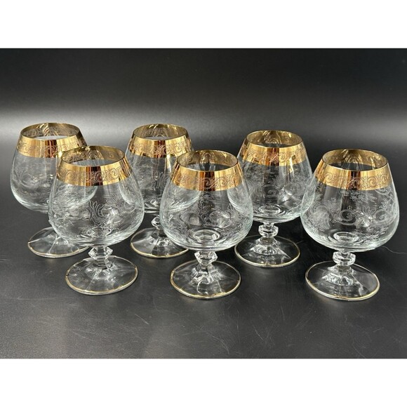 Vtg Etched Glasses Brandy Snifter with Twisted Stem Pedestals with Gold Trim 6 - Picture 8 of 12